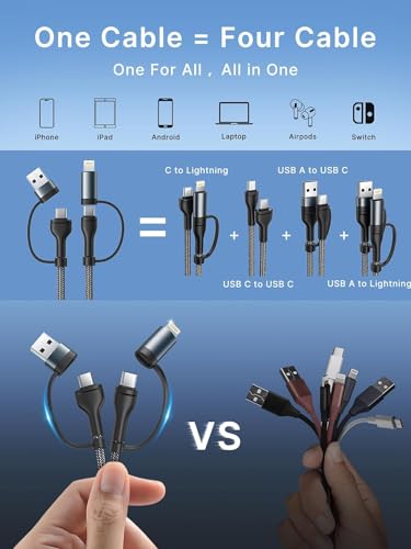 Image of XUDUO 4-in-1 USB C Cable Lightning Cable 60W [Fast Charging & Data Sync] 6FT Multi IP-ad Charger Cable Charging Cord Lightning /Type C /USB A Ports for iPhone 16 /15 /15 Pro /15 Plus /15 14 Pro Max