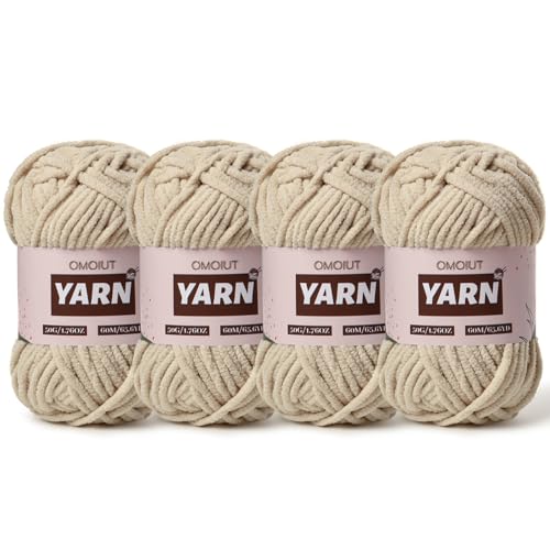 Image of 4 Packs Plush Chenille Chunky Crochet Yarn - Baby Yarn for Crocheting Soft - Velvet Yarns Knitting for Blankets Crafts - Fluffy Amigurumi Yarns 200g /262.5yds (4 Light Khaki)