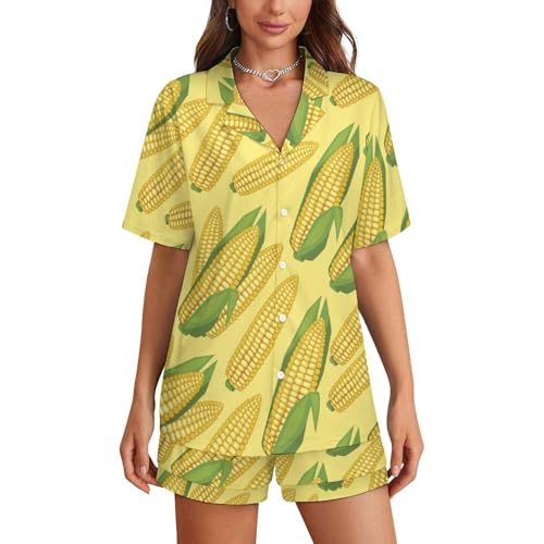 [XingFox] Fresh Ripe Corn Cobs Pattern Women's Pajamas Sets Short Sleepwear V Neck Loungewear