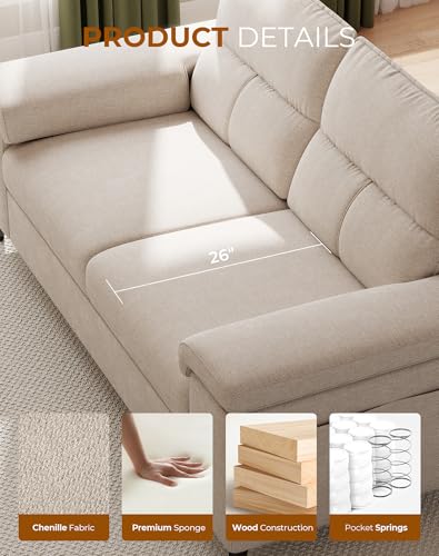 Image of 88.97 inch Modern Couches for Living Room, Deep Seat Sofa with 8 inchCushion, Comfy 2-Seater Chenille Loveseat Sofa with Convertible Armrest, Removable Sofa Cover, High Leg (Beige)