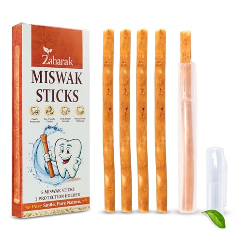 ZAHARAK 5 Pack Miswak Sticks for Teeth with 1 Holder - Sewak Sticks for Teeth Whitening | Natural Toothbrush Stick for Healthy Gums |Vacuum Sealed Miswak Toothbrush| Fresh Salvadora Persica Wood
