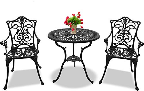 Centurion Supports TABREEZ Garden & Patio Table & 2 Large Chairs with Armrests Cast Aluminium Bistro Set - Black