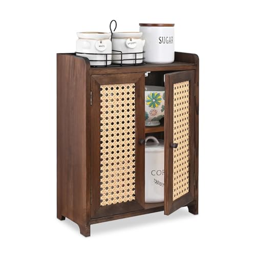 Ikee Design Wooden Countertop Storage Cabinet with Magnetic Rattan Doors Kitchen Pantry Cabinet with Removable Shelves Coffee Snack Cup Organizer Dark Brown Color 12.1W x 6.1D x 15.7H in