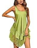 ouansyltg Women's Satin Night Gown Short Slik Sleep Dress Sexy Tank Nightgown Sleeveless Scoop Neck Lace Satin Slip Dress Green, Small
