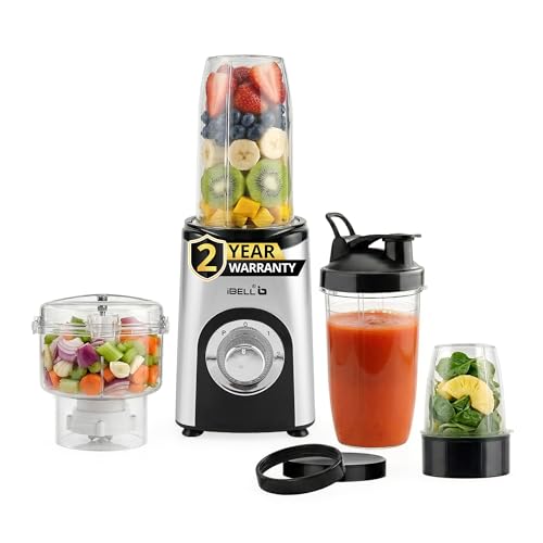 iBELL Juicer Mixer Grinder For Home, Smoothie Maker, 600W,2 Blades, 3 Modes, 3 Jars + Chopper, 100% Copper Motor, 24,000 RPM, Nutri Blender With Stainless Steel Blades (Silver)
