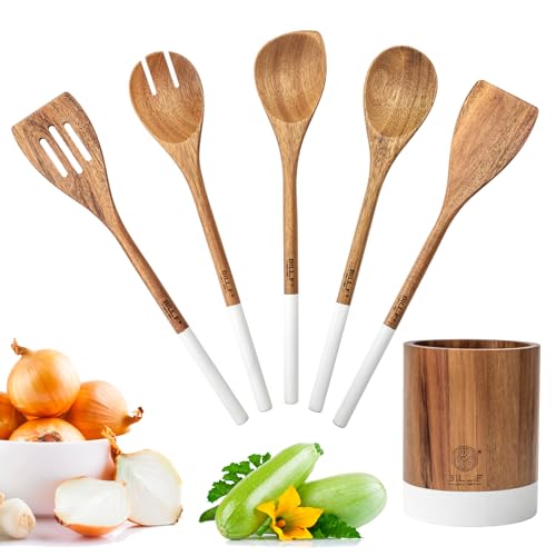 Ensemble d'ustensiles de cuisine en bois de hêtre - 5 pièces - Cuillère et spatule - Parfait pour casseroles et poêles antiadhésives