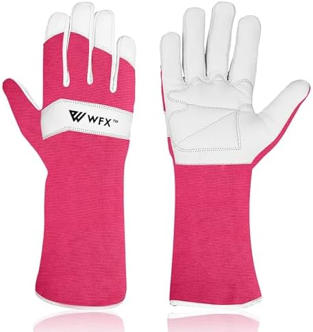 WFX Lange Gartenhandschuhe aus Leder für Damen, Herren, Damen, langlebig, Ziegenleder, Gartenhandschuhe, Unterarmschutz, dornensicher, Gärtnerarbeit, Rosenbeschneide, Geschenk (Ros