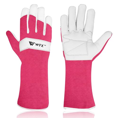 WFX Lange Gartenhandschuhe aus Leder für Damen, Herren, Damen, langlebig, Ziegenleder, Gartenhandschuhe, Unterarmschutz, dornensicher, Gärtnerarbeit, Rosenbeschneide, Geschenk (Rosa, XL)