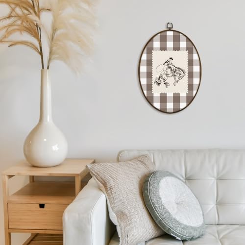 GWFSJYU Western Rodeo Cowboy Framed Oval Wall Art Decor, Vintage Cowboy Horse Canvas Prints Wall Art, Southwestern Country Checkered Hanging Decor for Living Room Bedroom Bar Home, 8.7x11.3 Inch by GWFSJYU - Used condition - Image 4