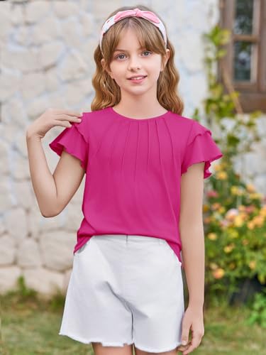 Image of Haloumoning Girls Pleated Ruffle Short Sleeve Shirts Kids Summer Crewneck T-Shirts Fashion Tops Tees 5-14 Years