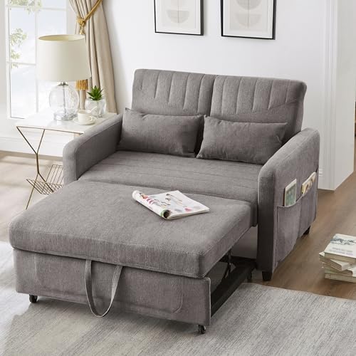Zweisitzer Sofa mit Schlaffunktion, Klappsofa mit Verstellbare Rückenlehne, Schlafcouch Ausziehbar, Bettcouch Schlafsofa mit Bettkasten, Kleine Sofas für Kleine Räume, 114x77 cm, Grau