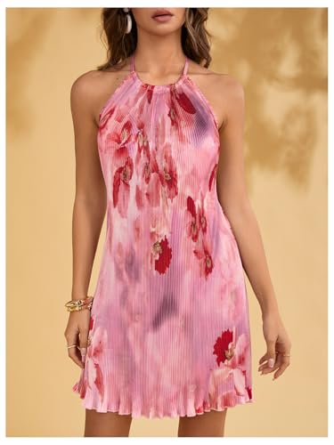 Image of SHENHE Women's Halter Dress Low Backless Tropical Tie Dye Floral Summer Beach Vacation Dresses Sundress