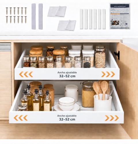 LYSTIX Cajones Extraíbles Para Cocina, Pack 2, Organizador Armario 32-52 cm | Bandeja extraible armario cocina con guías telescópicas, adhesivo o tornillos, divisores y alfombrillas antideslizantes LYSTIX Cajones Extraíbles Para Cocina, Pack 2, Organizador Armario 32-52 cm | Bandeja extraible armario cocina con guías telescópicas, adhesivo o tornillos, divisores y alfombrillas antideslizantes
