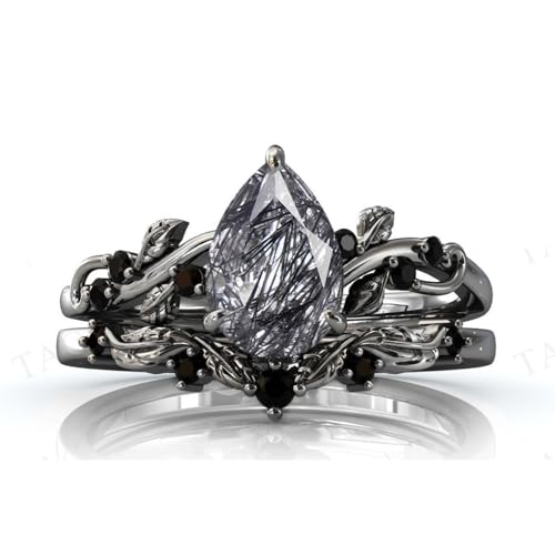 Natural Pear Black Rutilated Quartz Engagement Ring Set 925 Sterling Silver Rings for Her with Free Engraving Jewelry Gift for Women Black Rutilated Quartz Vintage Ring Set Size