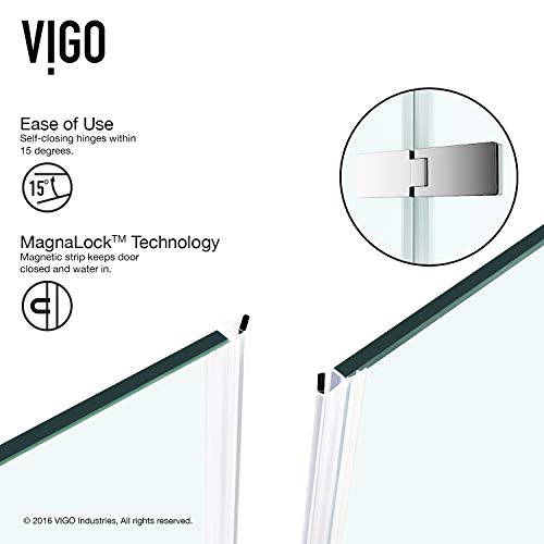 Vigo Vg6011Chcl48 30.25" -46.0" W -73.38" H Frameless Hinged Rectangle Shower Enclosure With Clear 0.38" Tempered Glass And Stainless Steel Hardware In Chrome Finish With Reversible Handle #TOP6