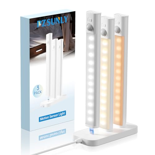 PZSUNLY Luce Armadio LED con Sensore, Luce Sottopensile Cucina Led con Base di Ricarica, 3 Temperature Colore, Dimmerabili, Ultra Luminosi Luci con Sensore di Movimento per Armadio,Corridoio (3 Pezzi)