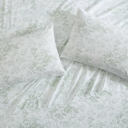 Image of Laura Ashley - Full Size Sheet Set, Crisp & Lightweight Cotton Percale Bedding with Fitted Sheet and Pillowcases, Floral Room Decor, Deep Pocket, College Dorm Room Essentials (Toile Delight Green)