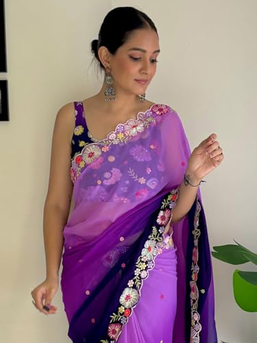 Image of AKHILAM Women's Multicolor Georgette Embroidered Saree with Unstitched Blouse Piece(KESARI7801 KR Parent)