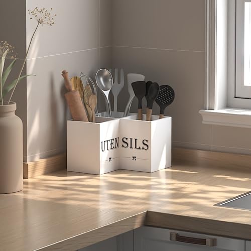 Image of Suli Extra Large Kitchen Utensils Holder with 3 Compartments,Corner Utensil Caddy for countertop,Wooden Utensil Organizer for Kitchen Countertop, Farmhouse Decor- White