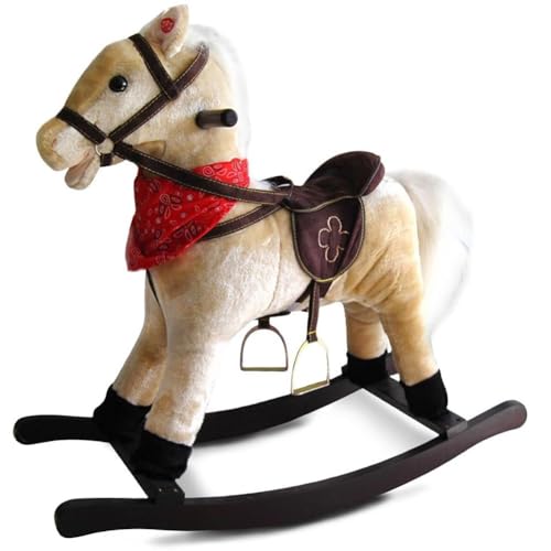 BAKAJI Caballo Balancín para Niños Con Sonidos Realistas Relincha y Mueve la Boca Estructura de Madera y Tela de Felpa de Calidad Juegos para la Infancia (Tortora)
