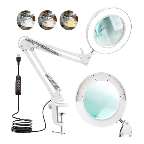 Lampada con Lente di Ingrandimento LED 10X, Lampada Lente LED con 3 Modalità di Colore e Luminosità Regolabile, Braccio Orientabile e Morsetto in Alluminio per Lettura Lavori di Precisione, Bianco
