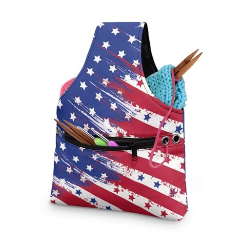 Image of ZUXONGSY Distressed American Flag Yarn Bags for Knitting America250 Yarn Storage Organizer for Crochet Portable Knitting Project Bag