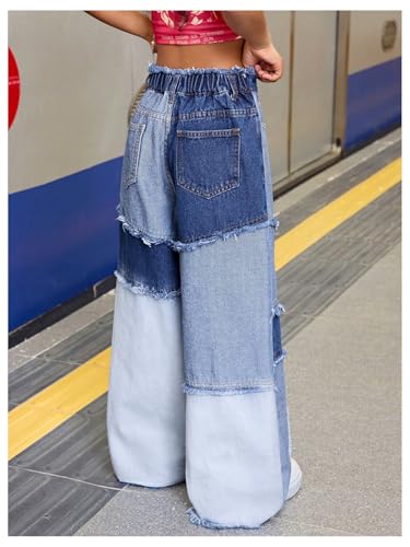 WDIRARA Girl's Color Block Wide Leg Jeans Raw Trim Baggy Denim Pants High Waisted Trousers2