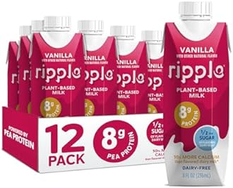 Ripple Non-Dairy Milk, Vanilla | Vegan Milk With 8g Pea Protein | Shelf Stable Single Serve Cartons | On-The-Go | Non-GMO, Plant Based, Gluten Free | 8 oz (Pack of 12)