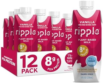 Ripple Non-Dairy Milk, Vanilla | Vegan Milk With 8g Pea Protein | Shelf Stable Single Serve Cartons | On-The-Go | Non-GMO, Plant Based, Gluten Free | 8 oz (Pack of 12)