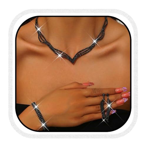 Reaky Brautschmuck-Set, silberne Strass-Ohrringe und Halskette, Hochzeits- und Abschlussball-Schmuckset für Frauen (3er-Pack) (Schwarz)
