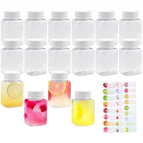 16 przezroczystych butelek plastikowych, 100 ml, puste kwadratowe butelki z tworzywa sztucznego, mini butelki do smoothie, soku, wielokrotnego użytku, do mleka, kawy