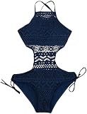 Ocean Plus Damski Czarny Wysoki Strój Kąpielowy Wiązany na Szyi Koronka One Piece Cut Out Padded