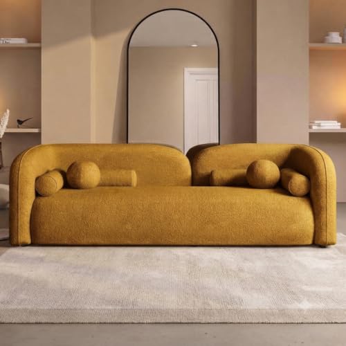 Image of CRAFTCITY Curved 3 Seater Cloud Sofa Upholstered 3 Seater Sofa for Living Room Bedroom Home Office Meeting Room Velvet Fabric Sofa (Yellow)