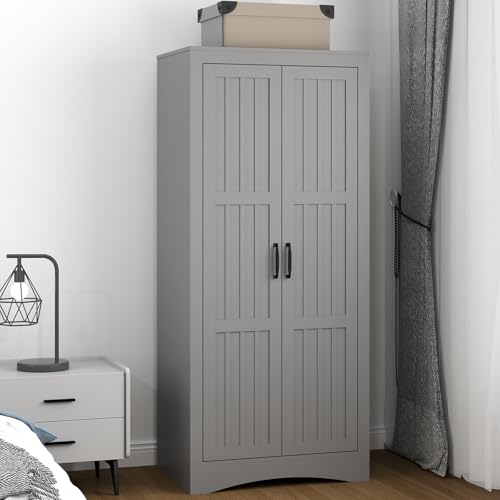 2 Door Wardrobe Modern Freestanding Armoire Closet with Shelve and Metal Hanging Rod Gray Wood Bedroom Guestroom and Office Clothes Organizer Cabinet