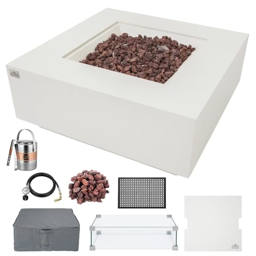 Image of AMS Creations | Brooklyn 40 inch Bundle Square Natural Gas Outdoor Fire Pit Table | Cream White Concrete GFRC Smooth Texture Surface Fire Pit Table