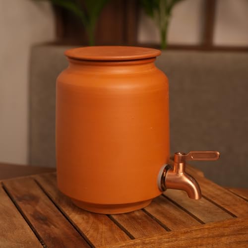 Image of Clay Water Dispenser 2.5 Litre with Copper Stainless Steel Tap & Lid - Terracotta Mitti Water Pot /Matka, Natural Earthenware Drink Dispenser for Kitchen, Home & Office