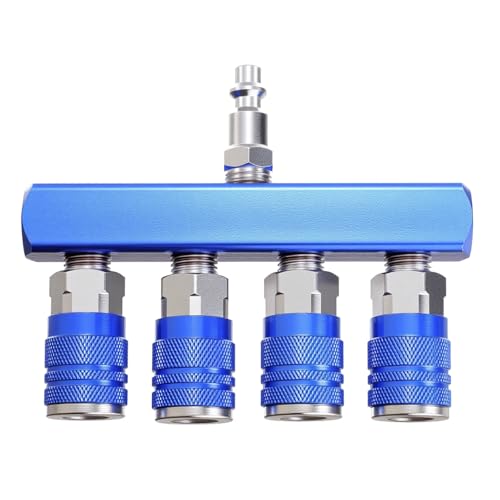 Milosline 4-Way Air Manifold 1/4 Inch Air Hose Splitter Industrial Connect Fitting 4 Couplers Plug Blue