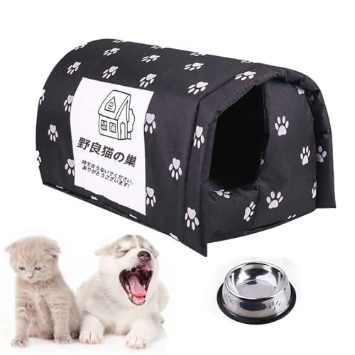 外猫ハウス, 屋外 ペットハウス, 屋外猫キャットハウス 流浪猫向け屋外 オックスフォードクロス密閉式犬小屋 耐候性の野良猫シェルター猫ハウス 夏保冷 ひんやり 冬保温 猫用品 猫小屋 密閉型ペットテント 組立簡単 屋外 四季通用 (ブラック,L)