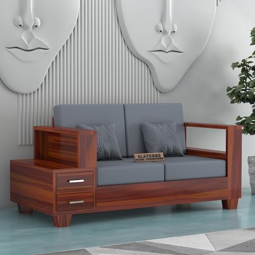 Image of Sheesham Wooden 2 Seater Sofa for Living Room | Solid Wood Sofa with Side Box Storage & Cushion | Rosewood Sofa Set for Home & Office | Lounge (Honey, 2 Seater)