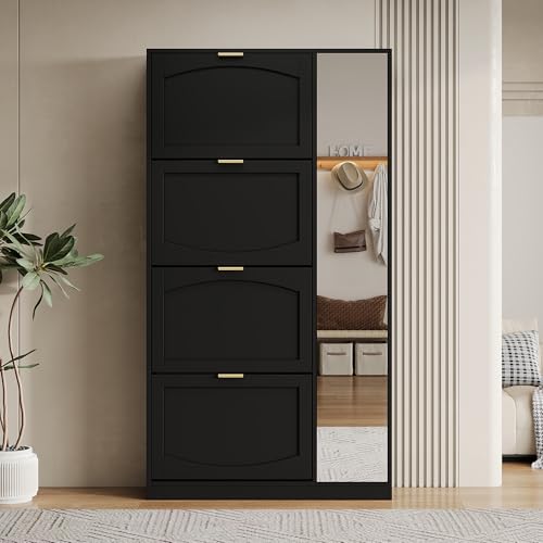 Meuble à Chaussures Entree, Armoire à Chaussures avec Miroir Pleine Longueur & 4 Portes abattantes, Moderne, avec étagère réglable, Meuble Chaussure Blanc...