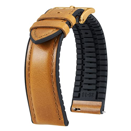 BINLUN Leather Watch Band 21mm Quick Release Premium Oil Wax Leather and Breathable Silicone Hybrid Watch Bands Replacement Strap for Men Women (Light Brown,Rose Gold Buckle)