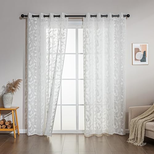 SLEEP ZONE Sheer Curtains for Living Room and Bedroom, Embroidered Sheer Curtains White Sheer Curtain 42 × 63 inch Length of 2 Panels, White Vine - image 1