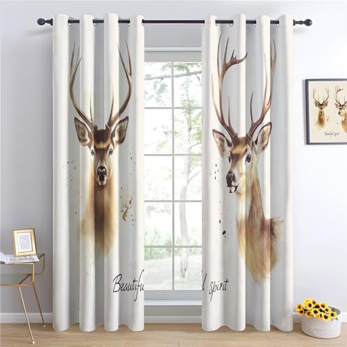 Blickdichte Vorhänge Hirschmotiv Braun Ösenvorhang Verdunkelung Gardinen Deko Vorhang Tiermotiv Aquarell Nordic für Schlafzimmer Wohnzimmer Kinderzimmer H 200 x B 70 cm 2er Set Beige Weiß