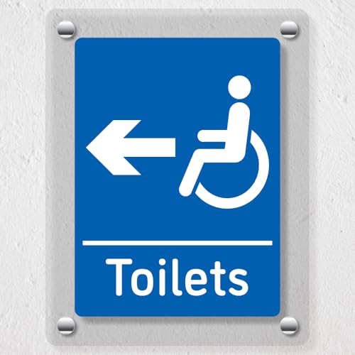 V Safety Disabled Toilets Arrow Left Blue 150 x 200 mm - Acrylic Perspex Cast Clear Safety Sign