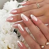 YOSOMK French Tip Press on Nails Almond Medium Fake Nails with Chrome Designs Glossy Nude False Nails Mirror Glue on Acrylic Nails for Women