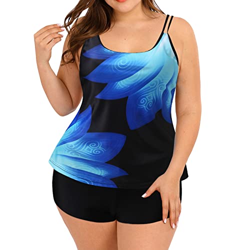 PAIDAXING Damen Tankini Set Zweiteilige Badeanzug Sporttop Strandbekleidung Wassersportbekleidung+Hotpants Mini Beachwear Große Größen Badeanzug 42 Bauchweg (Blue, XL)