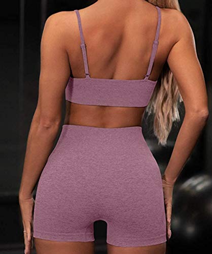 OLCHEE Women’s Workout Set 2 Piece Tracksuit - Seamless High Waist Shorts Leggings and Sports Bra Yoga Outfits - Purple Size M