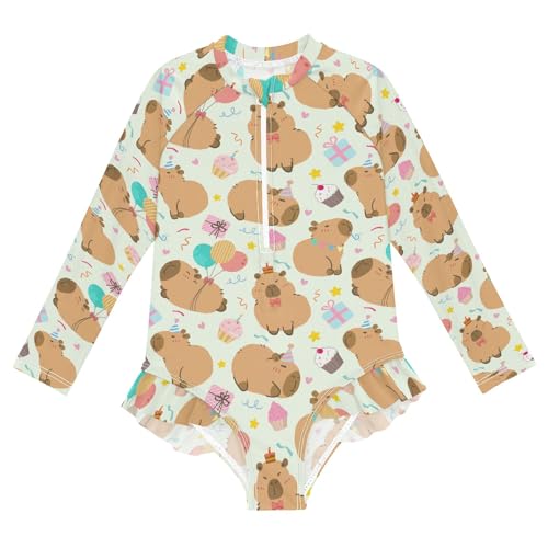 Cute Birthday Party Capybara Green Girls One Piece Rash Guard Swimsuit, Girls Long Sleeve Swimwear for 3-12Y