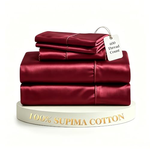 Simple&Opulence 100% Supima Cotton 600 Thread Count King Sheets-4 Pc Long Staple Pure Soft Sateen Weave Set-16” Deep Pocket Cooling Luxurious Silky Bed Sheet with Trim Insert(Burgundy, King)