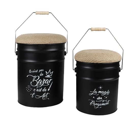 Urban living LOFT & METAL BIDON POUF AVEC ASSISE EN JUTE ET ANSE BOIS X2PCS H31CM ET H40CM